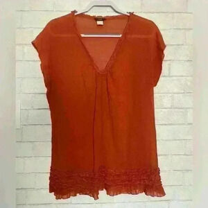 J Crew Orange linen ruffled v neck top size Medium